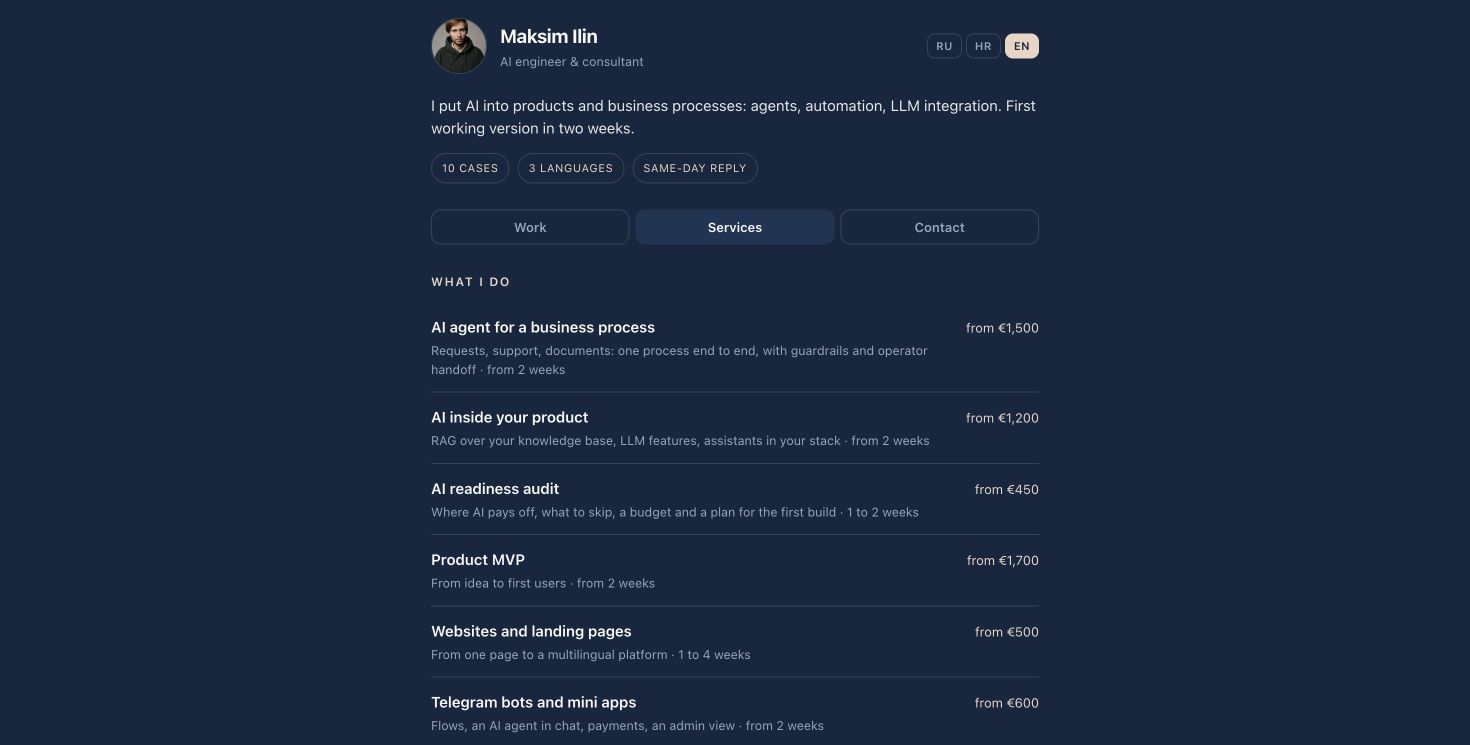 The real services screen of the @ilinmaksbot portfolio, opened in a browser in English