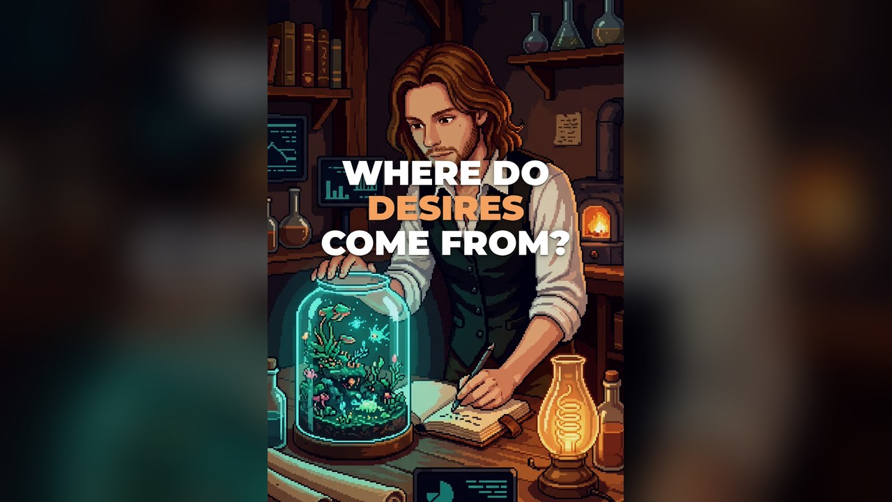 Pixel art of a man writing in a journal next to a glowing jar with a tiny world inside