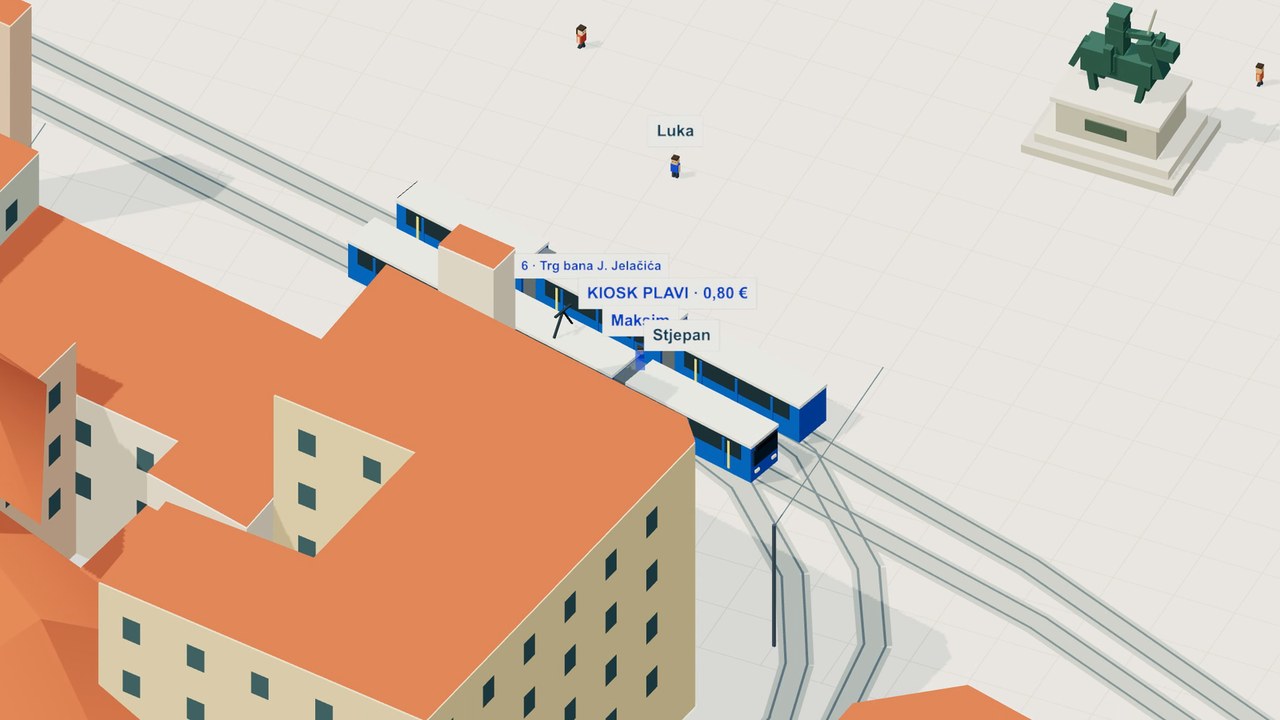 A blue tram pulling up to the stop on Ban Jelacic Square in Zagreb Pomalo